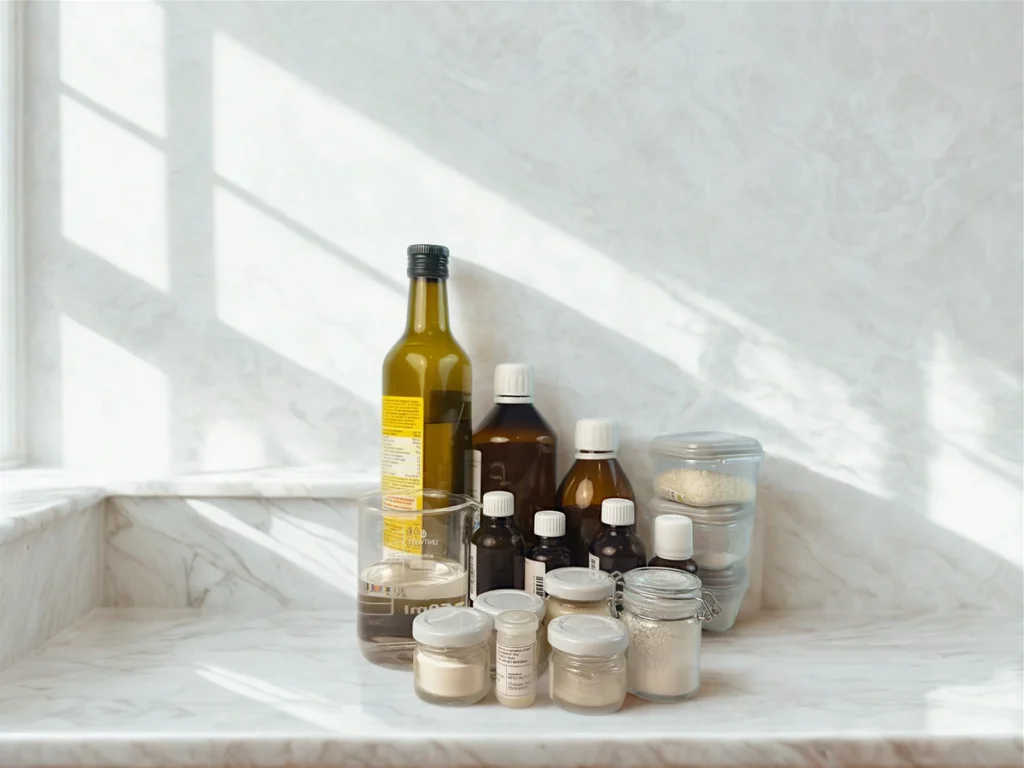 Creating a Barrier-Repair Formula My 8-Week Experiment Raw ingredients for ceramide barrier-repair cream formulation on marble surface